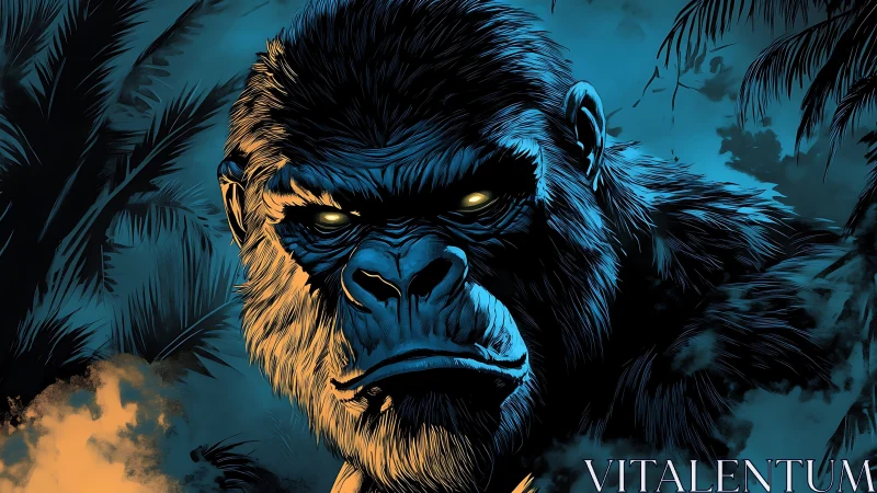 Nocturnal gorilla portrait in cinematic blue-orange contrast.