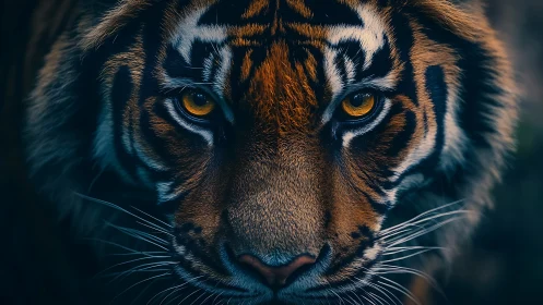 Tiger portrait with intense golden eyes in dark jungle.