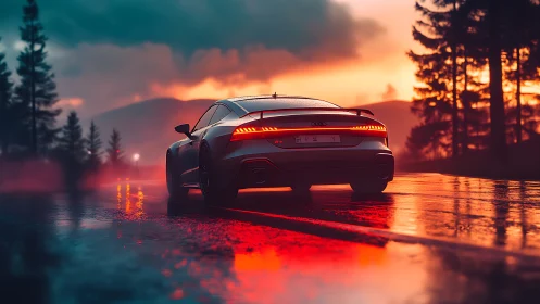 Sleek sports car glows against a rainy mountain sunset road
