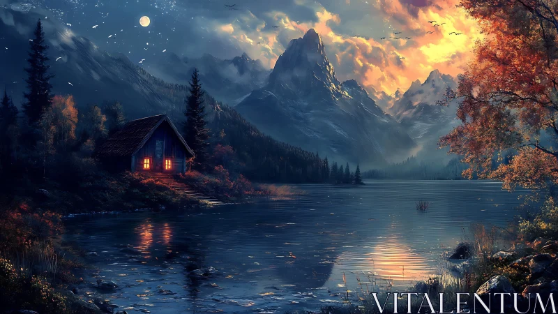 Mountain lake cabin at dusk with illuminated windows.