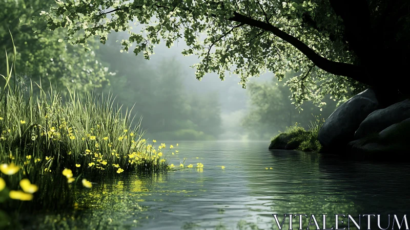 Sunlit forest river drifts quietly beneath arching green boughs