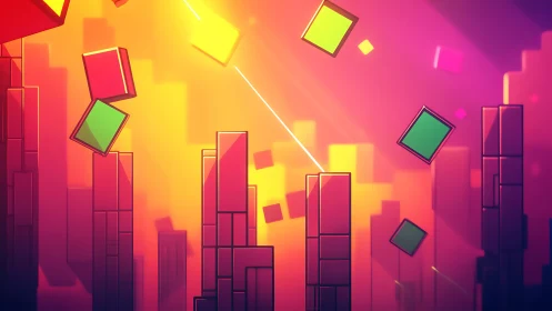 Geometric neon skyline with floating chromatic cubes at dusk.