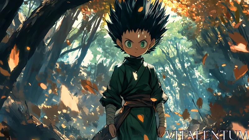 Anime child with spiky hair standing in sunlit forest path.