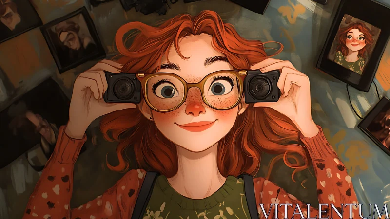 Red-haired photographer girl with cameras and warm portraits.
