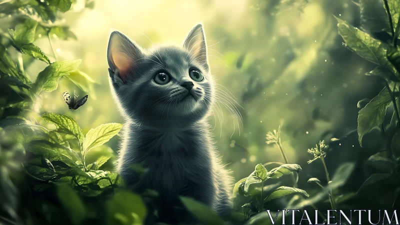 Black Kitten Gazing Upward Through Verdant Garden Setting.