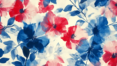 Watercolor Floral Pattern with Red and Blue Blooms