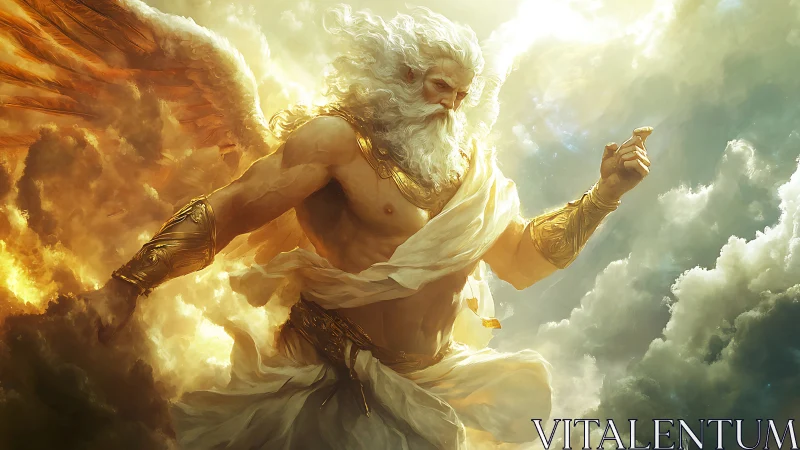 Winged bearded male figure occupies central luminous cloudscape