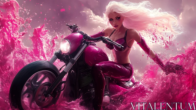 Neon warrior rides chrome motorcycle through liquid magenta storm
