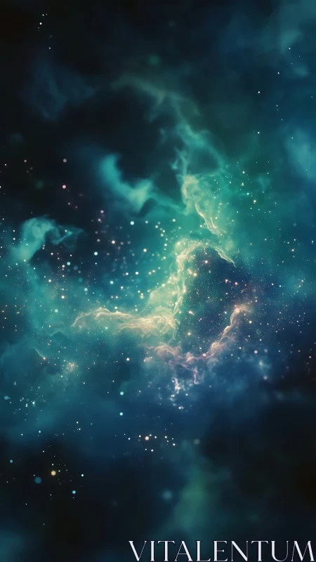 Vertical digital rendering depicts stylized teal nebula field