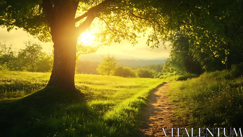 Sunlit forest path under large tree in serene landscape, natural style.