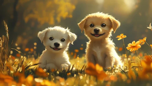 Sunlit puppy duo basking in golden meadow daydreams.
