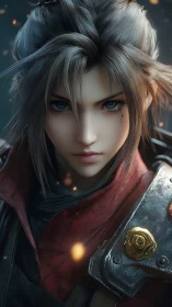 Fierce silver‑haired warrior portrait in emberlit armor.