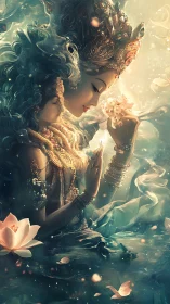 Divine feminine figure with lotus flowers in ethereal light.