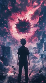 Backlit anime figure confronts apocalyptic vortex over ruined city