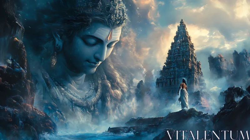 Stormlit temple pilgrimage beneath a dreaming cosmic deity.