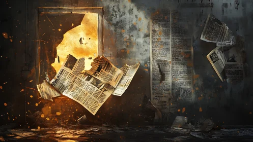 Digital painting of burning newspapers in decayed corridor wall.
