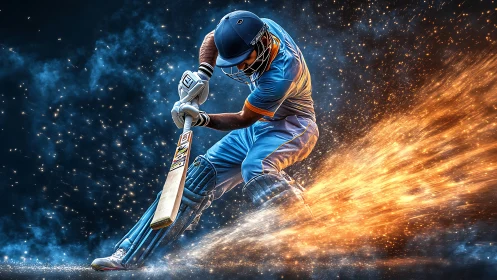 Cricket comet in mid-swing carving fire through night sky.