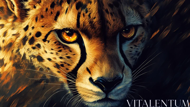 Cheetah Portrait with Golden Luminosity and Intense Gaze.
