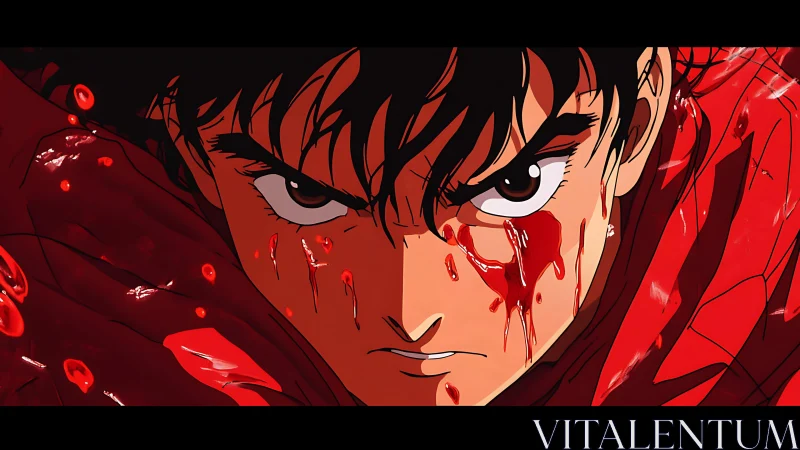 Intense anime closeup shows injured character with blood streaks