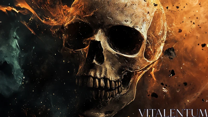 Burning skull emerging from swirling infernal nebulae.