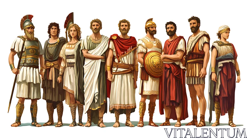 Group illustration of ancient Greek citizens and warriors.