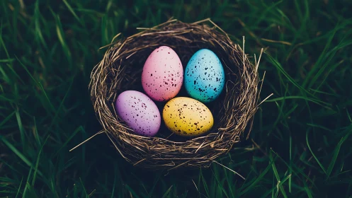 Colorful speckled eggs arranged in nest on grass lawn.