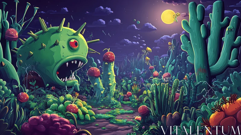 Bioluminescent alien cactus forest with spiked predator plant under moon