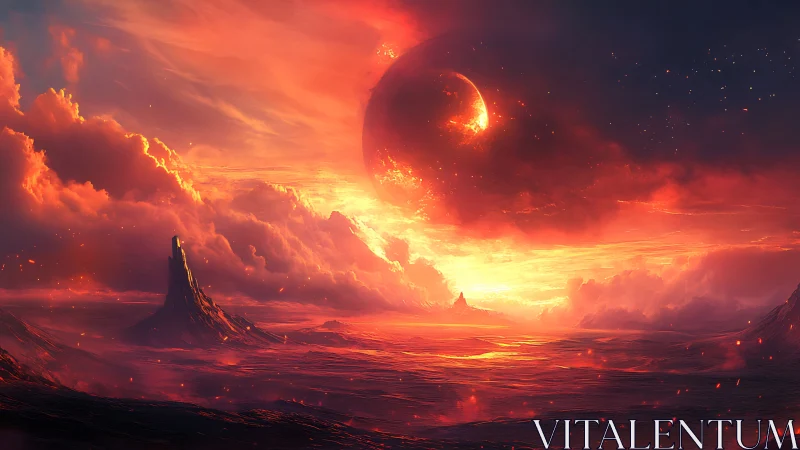 Fiery alien landscape shows red planet looming over horizon