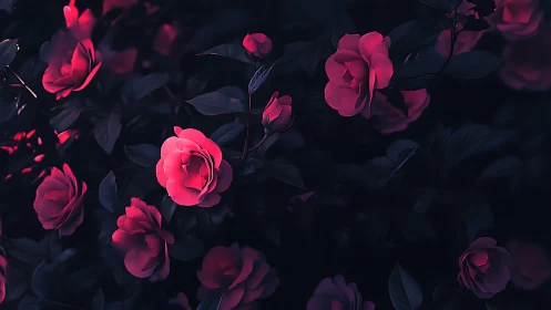 Crimson roses illuminated against deep darkness