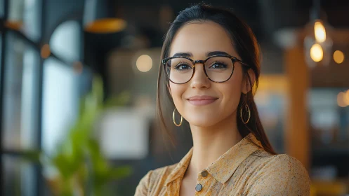 Confident young woman with glasses in modern cozy cafe setting.