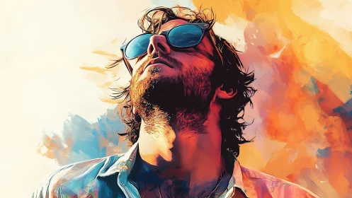 Man in sunglasses basks in abstract, fiery sunlight sky.