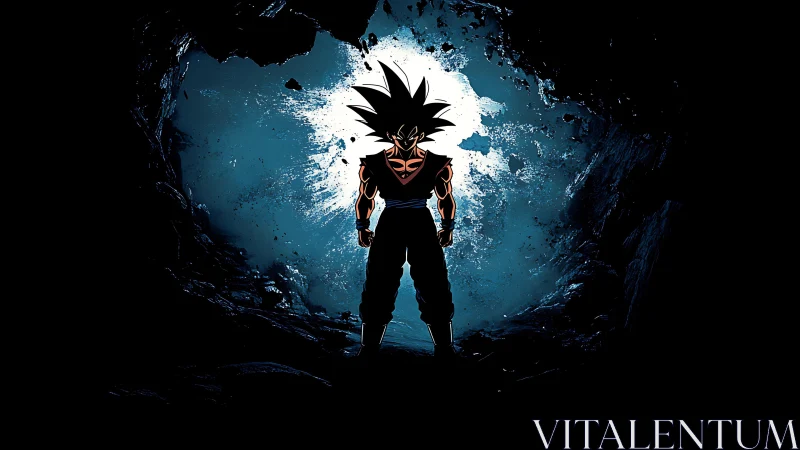 Lone anime warrior glowing against a stormy cosmic sky.