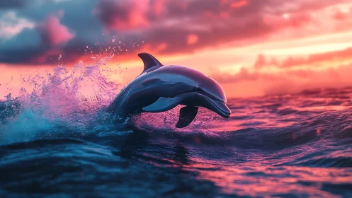 Sunset-splashed dolphin vaulting through neon-tinted waves.