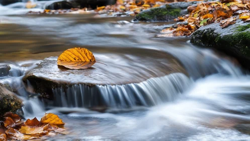 Photorealistic autumn leaf on rock amid blurred stream cascade.