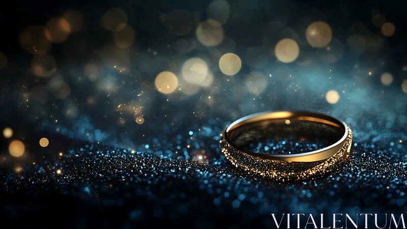 Macro view of gold ring on glitter surface with shallow bokeh field