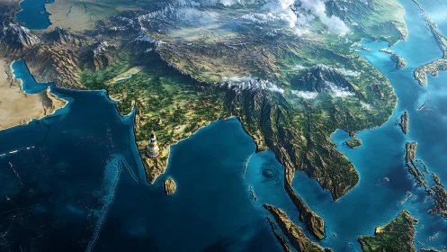 3D stylized India subcontinent map with coastal lighthouses.