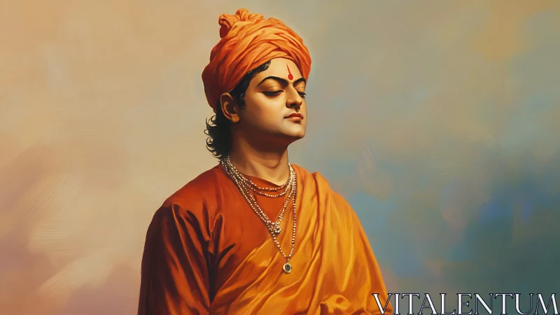 Serene monk in saffron robes stands in quiet contemplation.