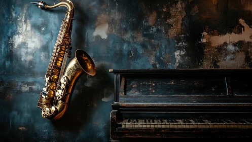 Photorealistic jazz still life with saxophone and piano.
