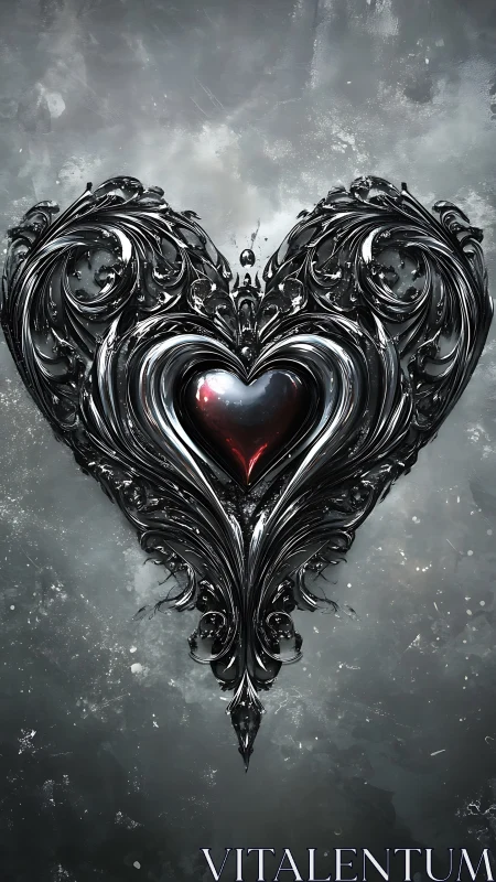 Ornate Black Heart with Crimson Glow Radiates Against Stormy Backdrop.
