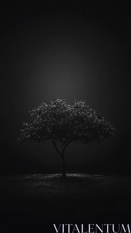 Solitary tree under spotlight in moody nocturnal darkness.