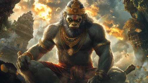 Mythic warrior ape sits in ruins under dramatic sky