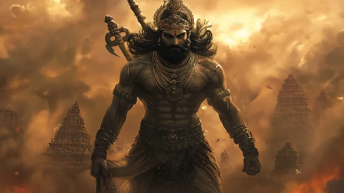 Storm-lit warrior strides through burning temple skies