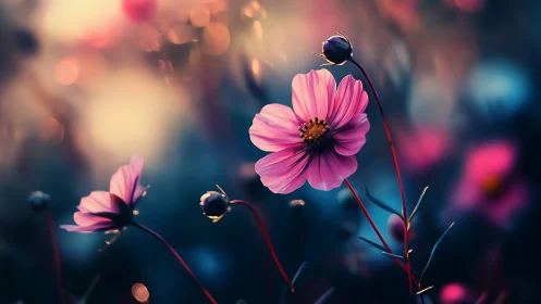 Pink Cosmos Flowers with Dew Drop in Shallow Depth Field.
