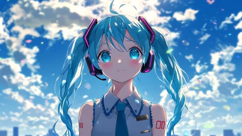 Celestial blue haired idol under luminous summer sky.