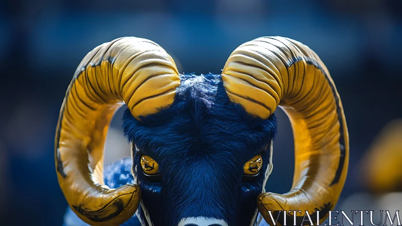 Close frontal view of blue and gold ram mascot headpiece.
