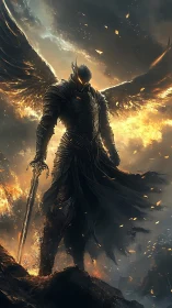 Armored dark angel warrior amid infernal storm of fire.