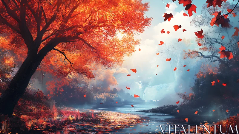 Crimson leaves drifting over a misty waterfall sanctuary.