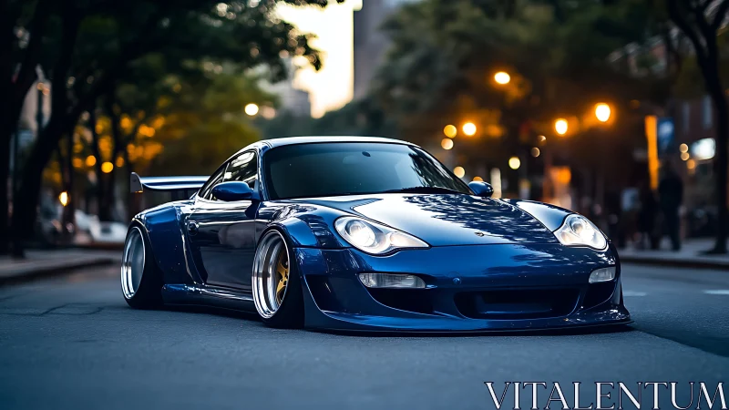 Ultra-low widebody street Porsche under urban bokeh glow.