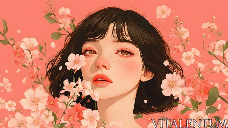 Young woman framed by coral blossoms gazes softly forward