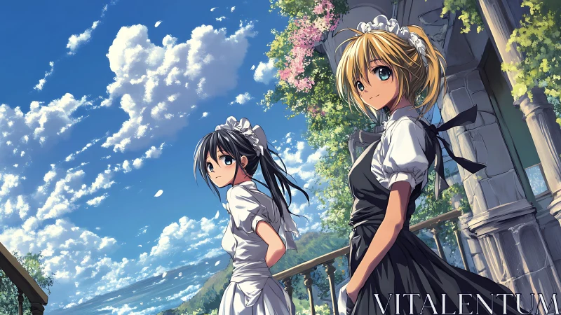 Two anime maids stand on sunny terrace under vivid sky